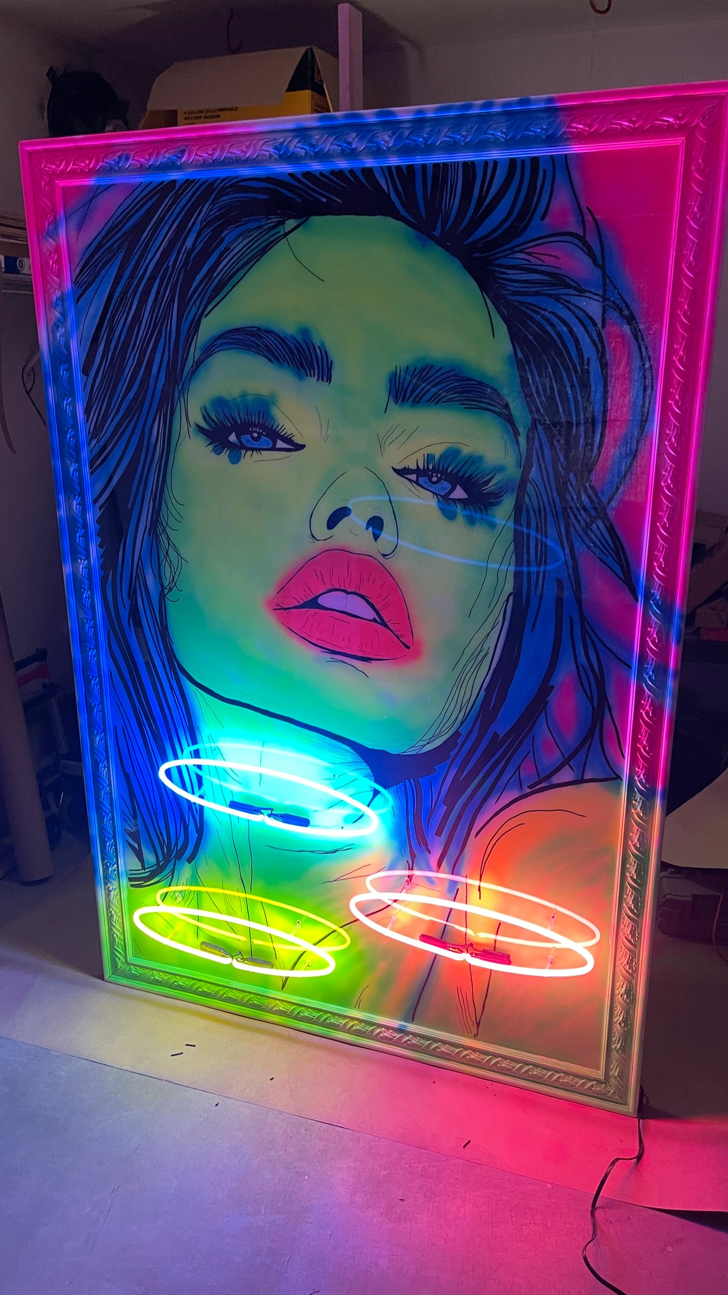 SOLD - "LADY LUCK'S EMBRACE" 48x72 wooden canvas mixed media