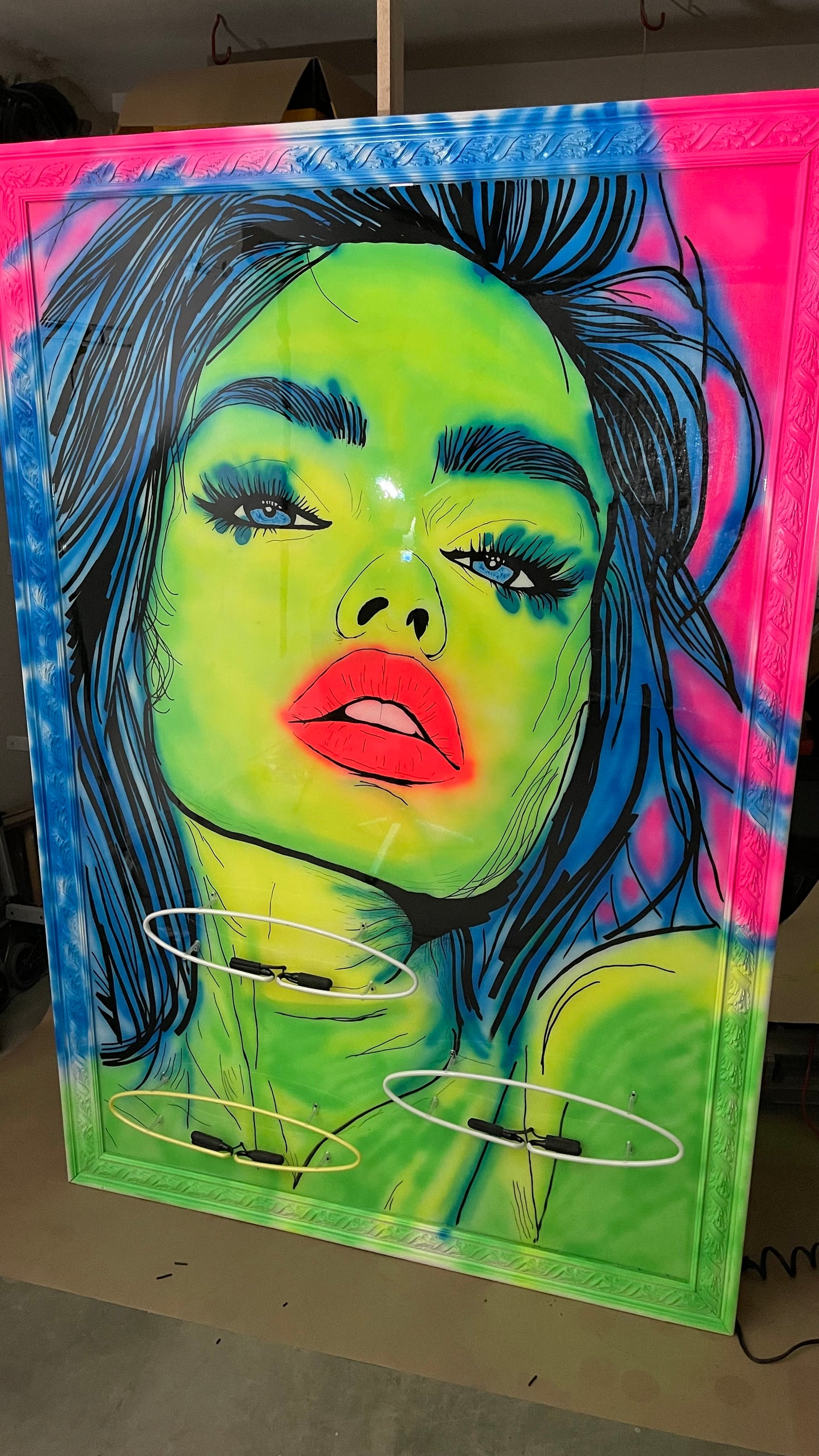 SOLD - "LADY LUCK'S EMBRACE" 48x72 wooden canvas mixed media