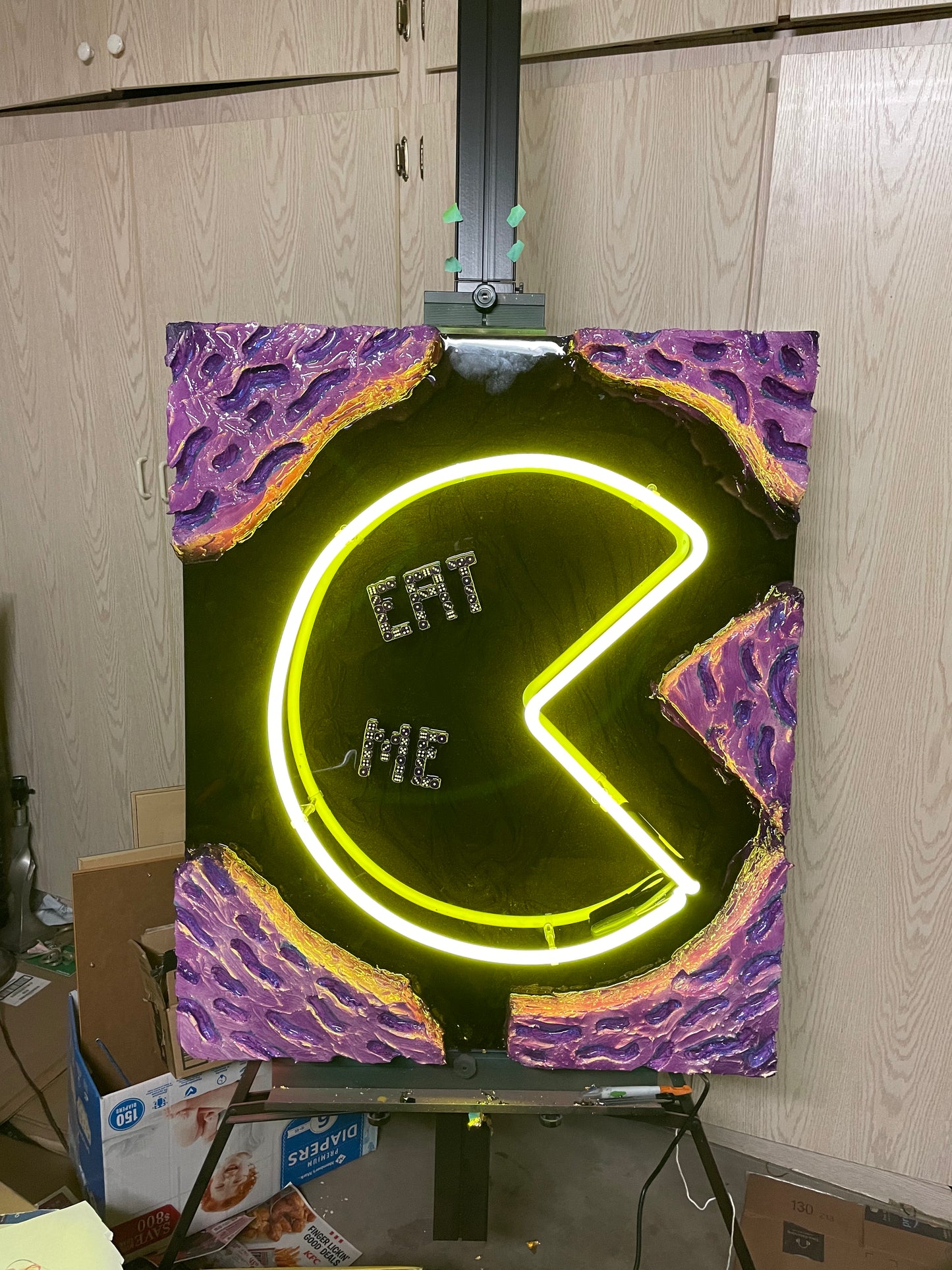 "EAT ME" 30x36 wooden canvas mixed media
