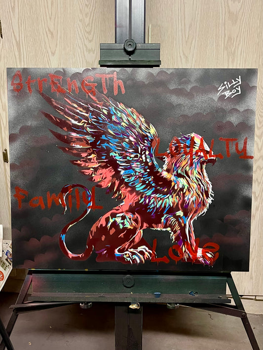 SOLD - "VIBRANT SENTINEL" 24x20 wooden canvas mixed media