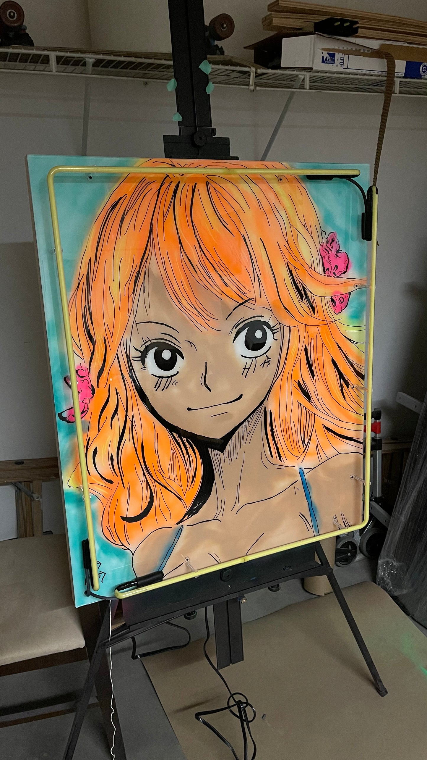 SOLD - "TANGERINES & TYPHOONS" 30x36 wooden canvas mixed media