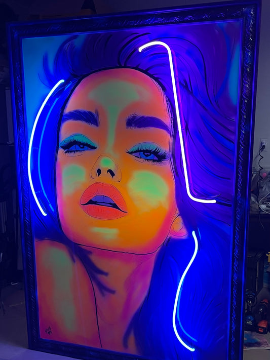 SOLD - "FLUORESCENT FEMME" 48x72 wooden canvas mixed media