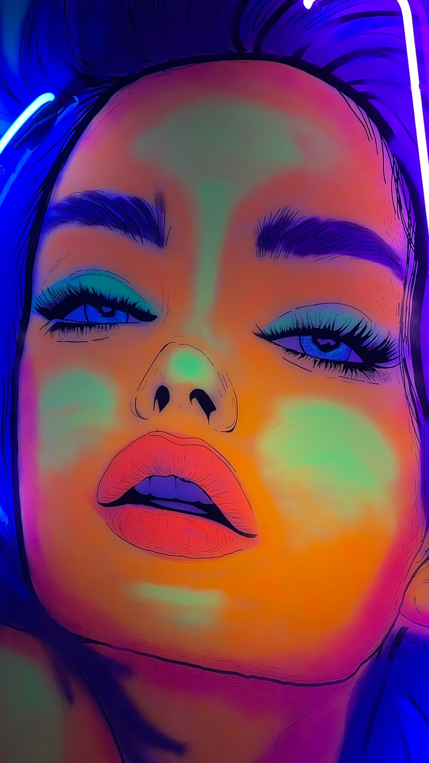 SOLD - "FLUORESCENT FEMME" 48x72 wooden canvas mixed media