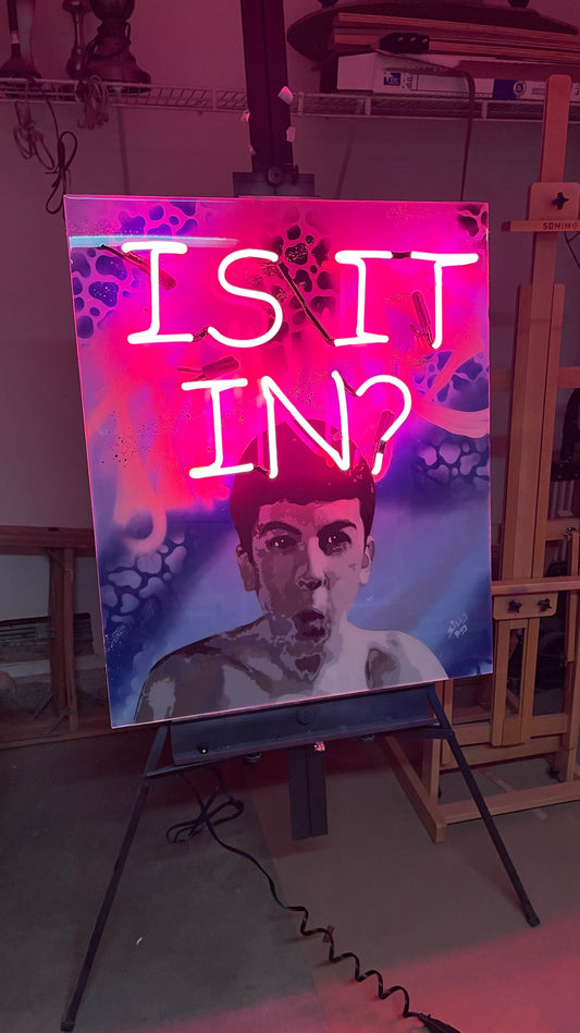 "IS IT IN?" 30x36 wooden canvas mixed media