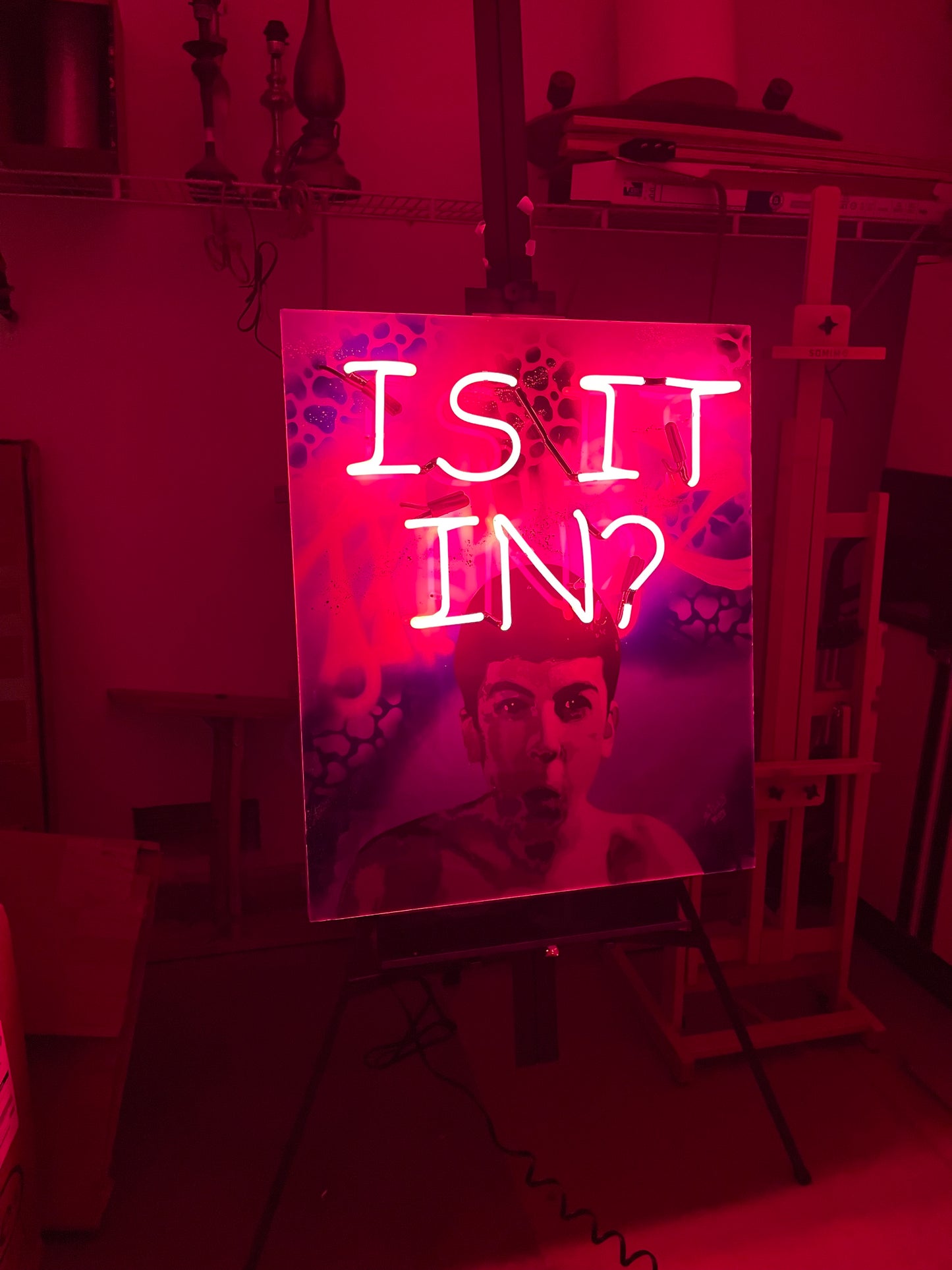 "IS IT IN?" - 30x36 wooden canvas mixed media