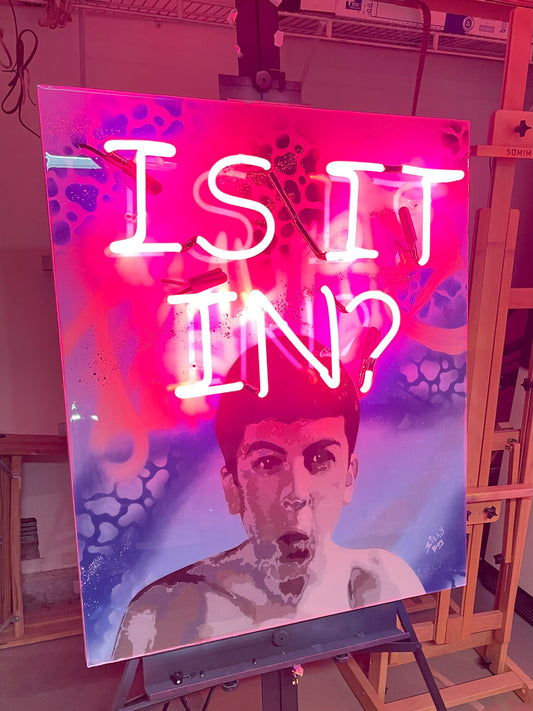 "IS IT IN?" 30x36 wooden canvas mixed media