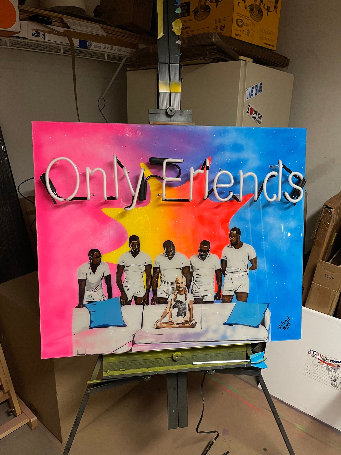 "ONLY FRIENDS" - 36x30 wooden canvas mixed media